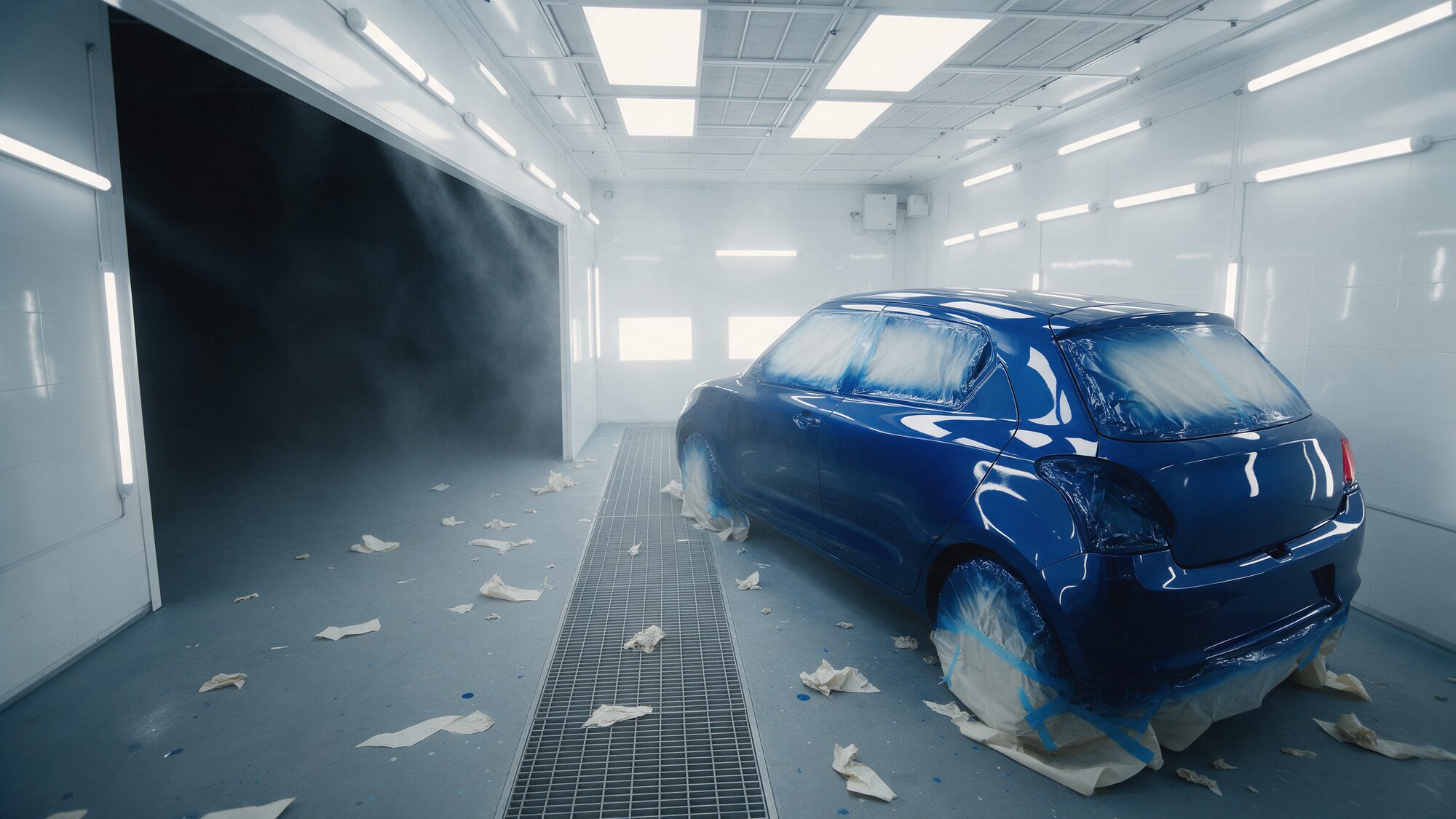 A freshly sprayed blue car drying in a bright paint booth